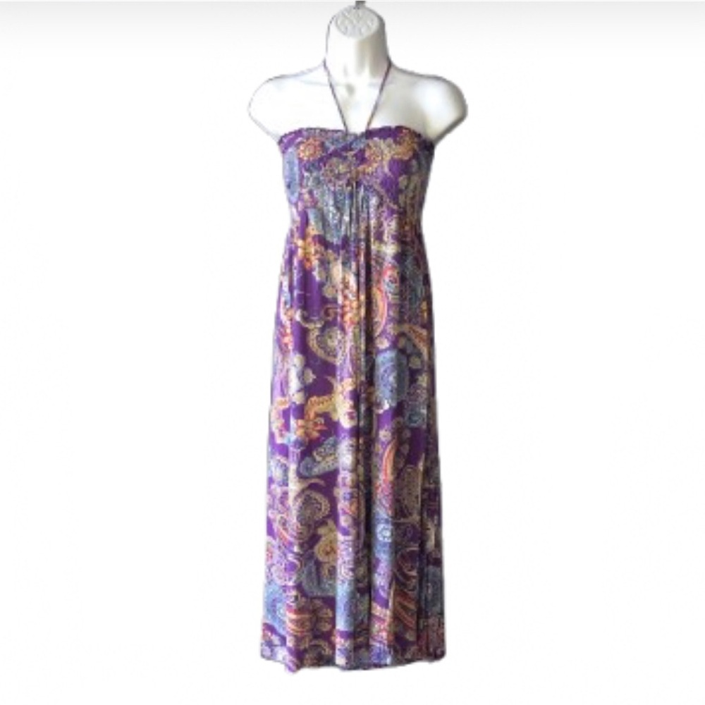 RAVIYA MULTI COLOR MAXI DRESS • RUCHED TOP • HALTER TIE AT NECK • Sz S